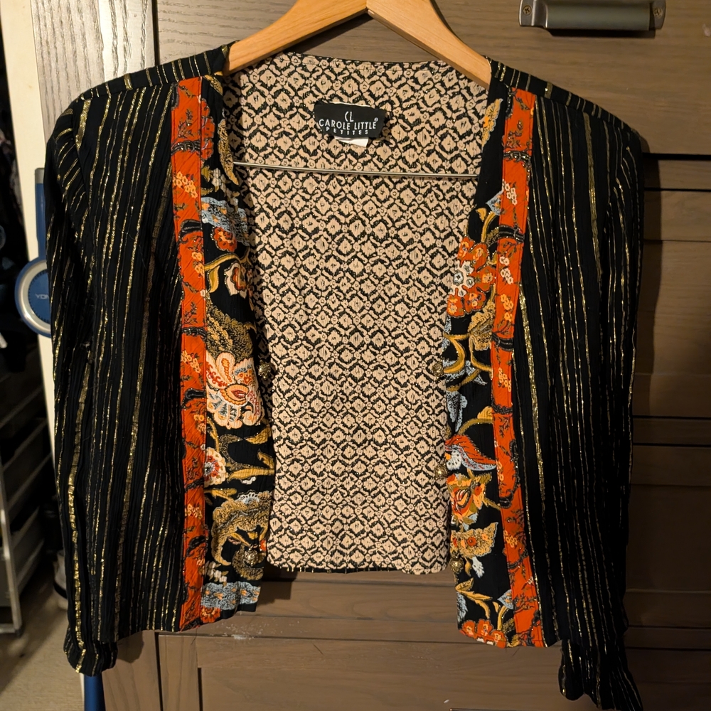 Vintage Carole Little Red/Gold Floral & Striped Cropped Open Jacket Size 10 - Picture 3 of 11